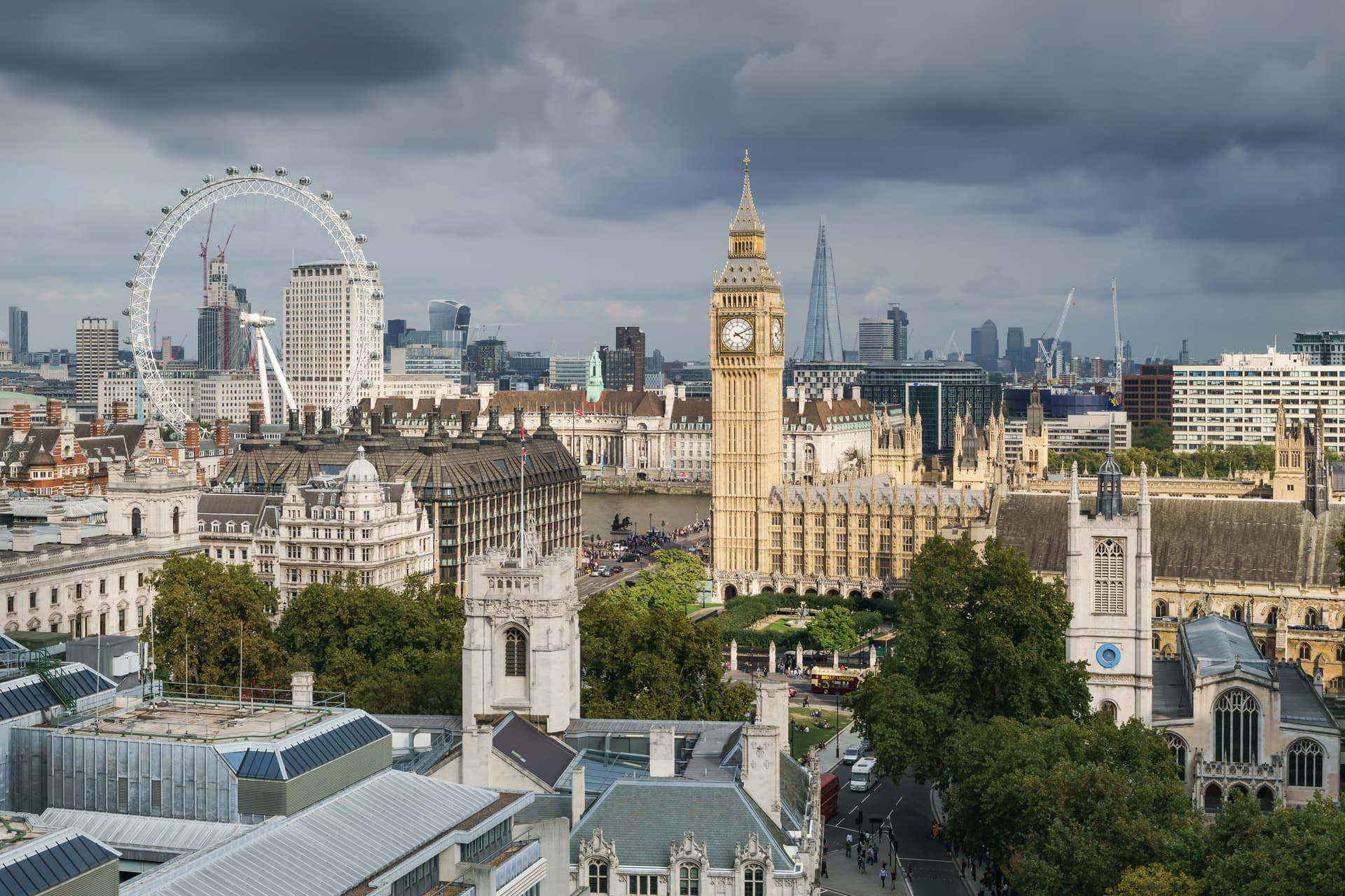 Aerial view of the Palace of Westminster and the River Thames in London
