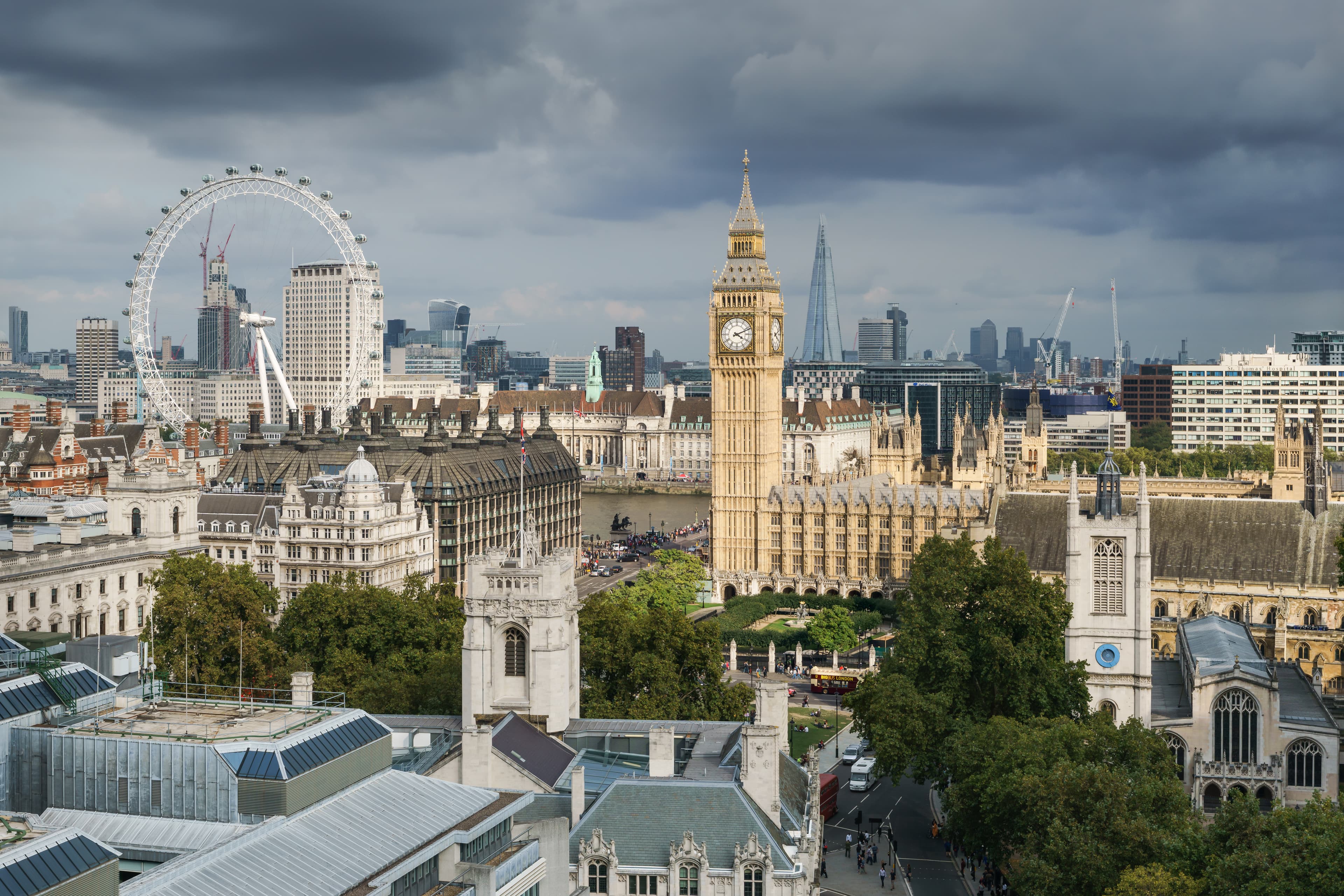 Aerial view of the Palace of Westminster and the River Thames in London