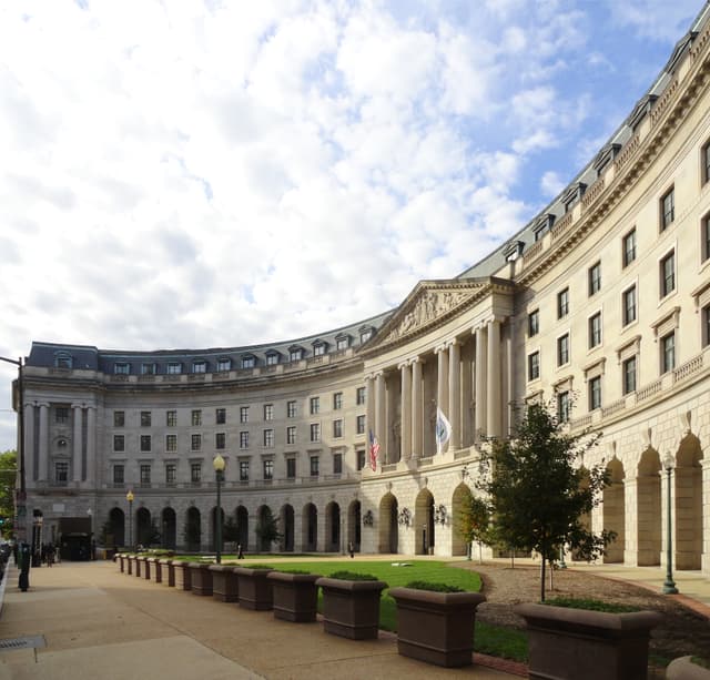 The main entrance of the EPA headquarters building in Washington, D.C., photographed in 2018