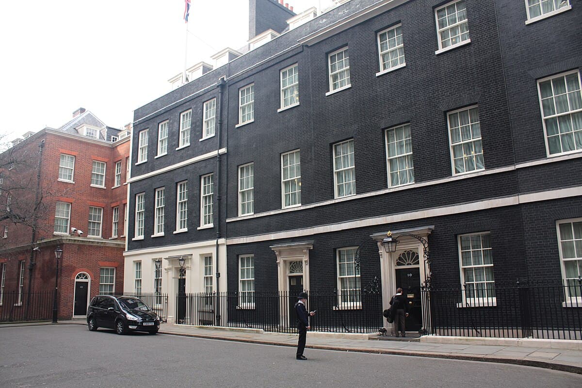 The front door of 10 Downing Street, the official residence and office of the British Prime Minister