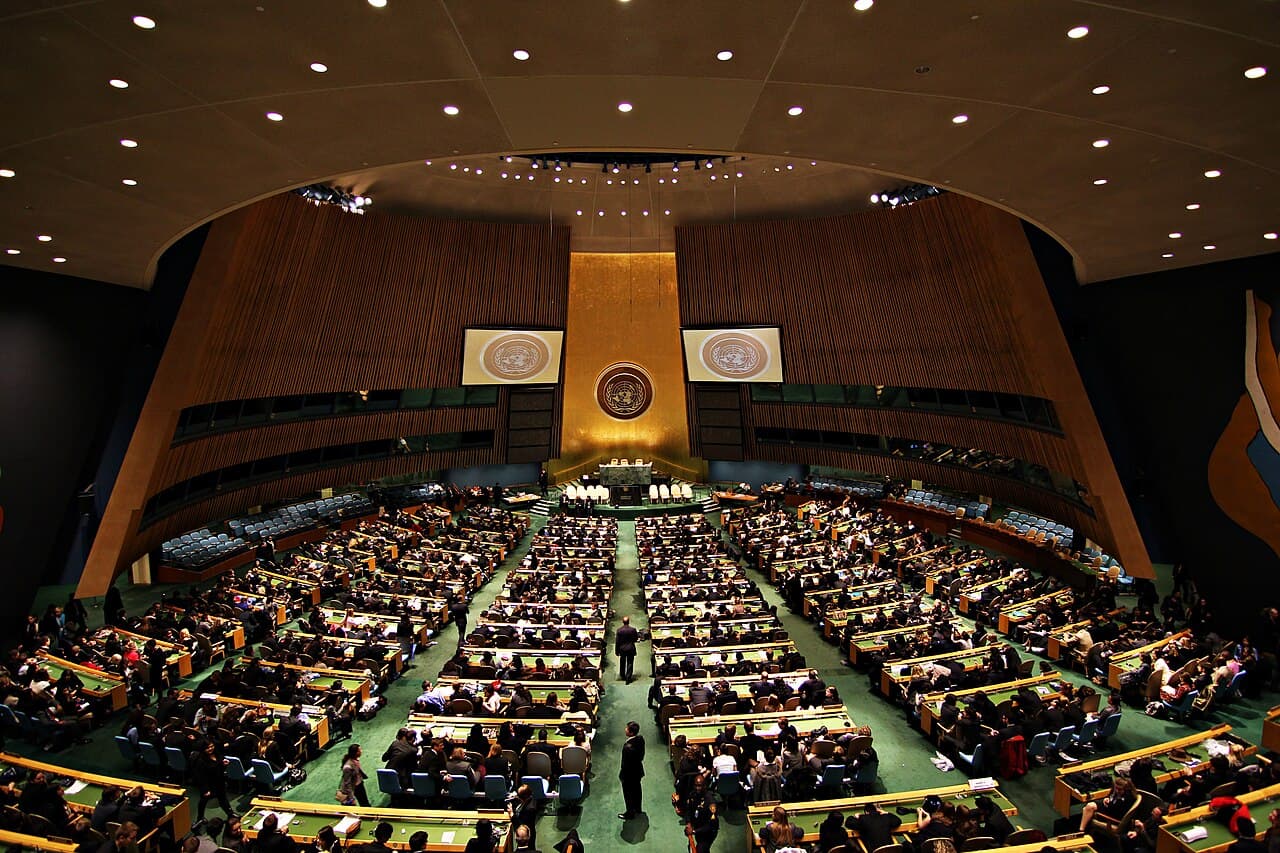 The United Nations General Assembly Hall in New York, where 85 member states issued a joint statement condemning Israel's West Bank land registration measures