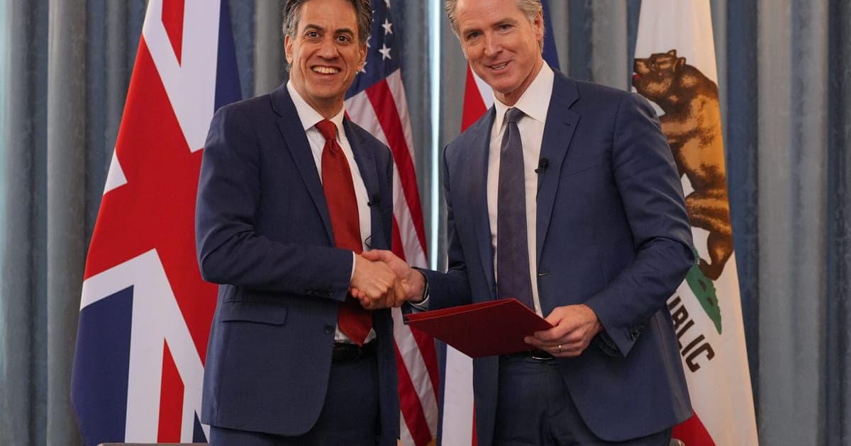 California Governor Gavin Newsom at a press event during his European diplomacy tour in February 2026